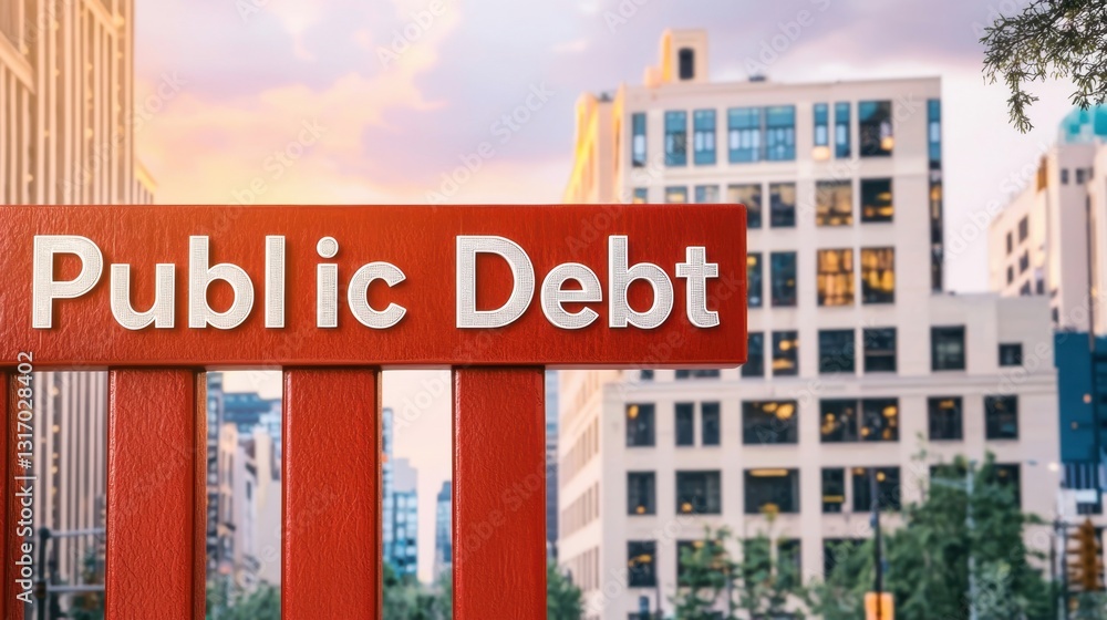 Obraz premium Debt Public Crisis Concept, Stunning Cityscape Featuring Eye-Catching Red Bar Graphs and Public Debt Sign Against Urban Background