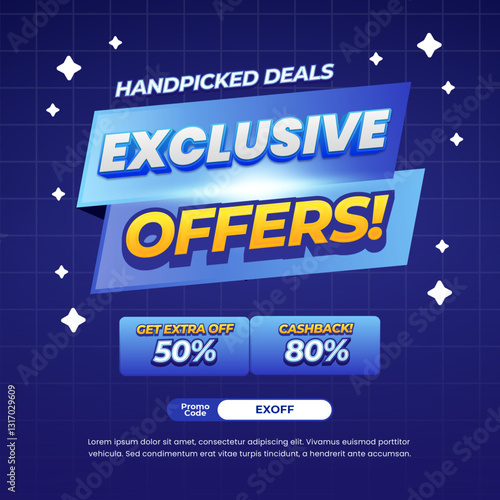 Shopping Exclusive day Sale discount deals Soft dynamic dark Blue gradient Editable text effect grid style background with Pop up sale badge Promotional banner flyer Template