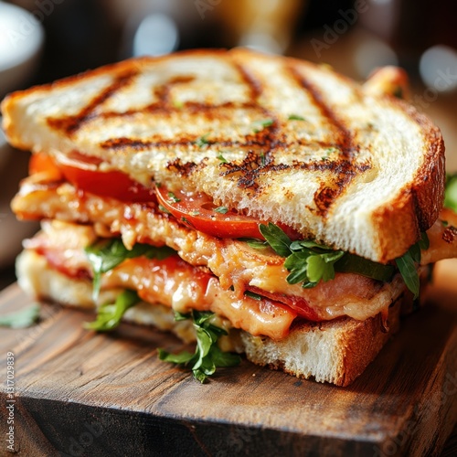 Delicious grilled sandwich with chicken tomato and arugula on wooden board perfect for lunch or dinner close up shot