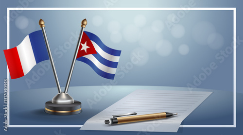 France and Cuba National flags on small table with bokeh background, cooperative relationship. Template vector Illustration