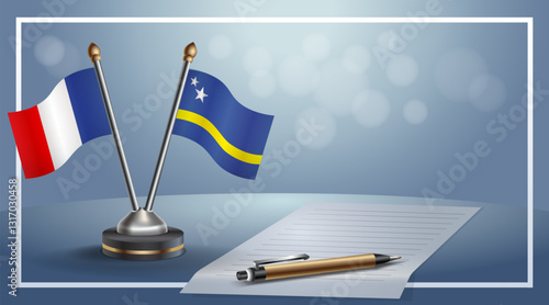 France and Curacao National flags on small table with bokeh background, cooperative relationship. Template vector Illustration