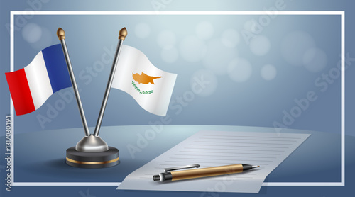 France and Cyprus National flags on small table with bokeh background, cooperative relationship. Template vector Illustration