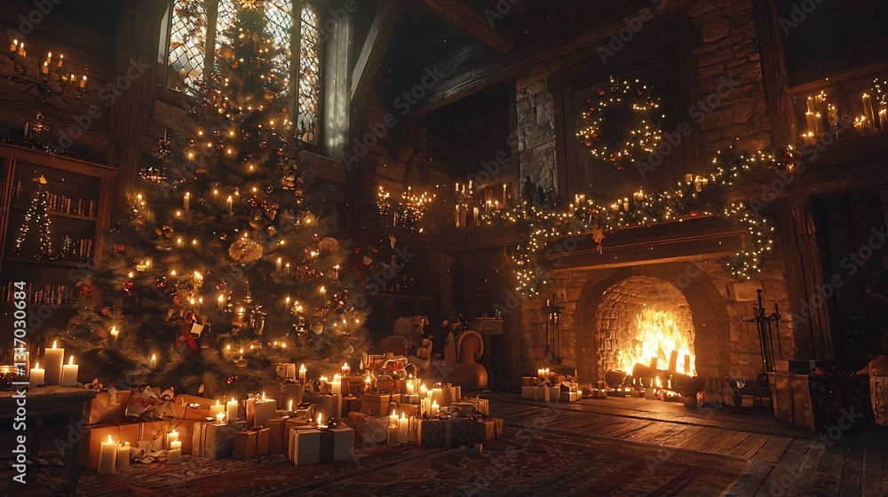 Fototapeta premium Christmas Tree, Gifts, Fireplace, Medieval Hall