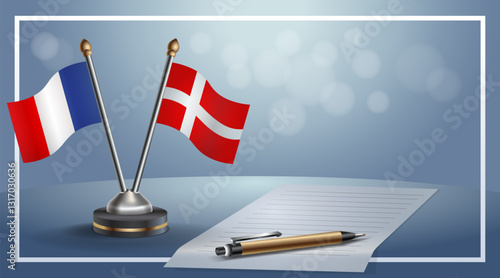 France and Denmark National flags on small table with bokeh background, cooperative relationship. Template vector Illustration