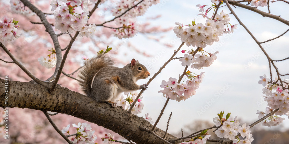 squirrel perched on tree branch surrounded by blooming cherry blossoms in spring squirrel perched on tree branch surrounded by blooming cherry blossoms in spring