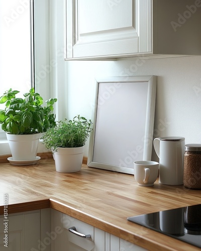 Bright kitchen interior with wooden countertop white framed art potted plants window natural light and minimalist decor