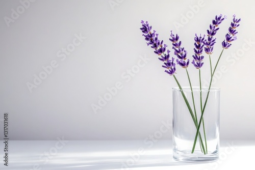 Single lavender sprig in a sleek glass vase, set against a white minimalist background