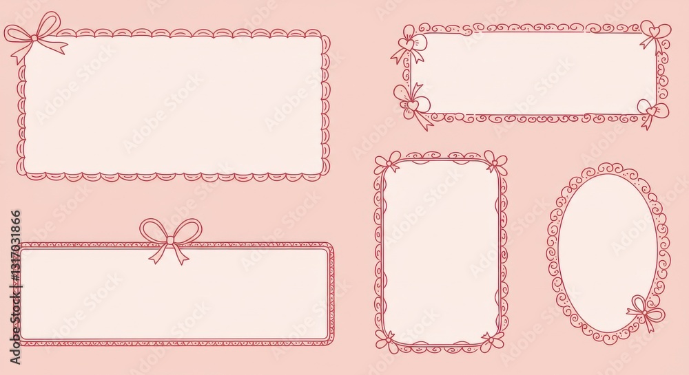 Hand-drawn frames, delicate red outlines, Valentine's Day borders, heart shape, rectangular frames, ornate swirls, bow decorations, scalloped edges, dainty details Hand-drawn frames, delicate red outlines, Valentine's Day borders, heart shape, rectangular frames, ornate swirls, bow decorations, scalloped edges, dainty details