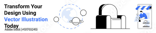 Globe with orbiting planet, geometric modern chair, and artist sketching storefront logo. Ideal for creativity, technology, architecture, education, innovation branding marketing. Perfect flat