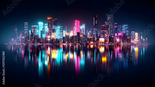 Panoramic View Of Futuristic Pixel Art City At Night With Colorful Neon Lights And Reflections In The Dark Water, Optimized For Adobe Stock Photo