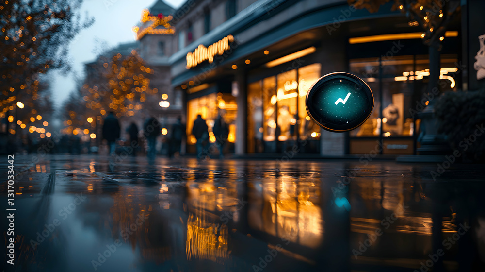 A blurry cityscape on a rainy evening with a symbol