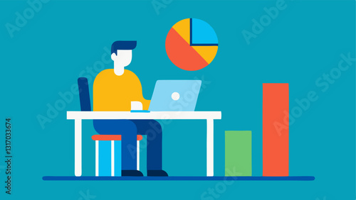 Laptop and Chart An illustration of a consultant sitting at a desk with a laptop analyzing a colorful bar chart and pie chart symbolizing data analysis and campaign performance.