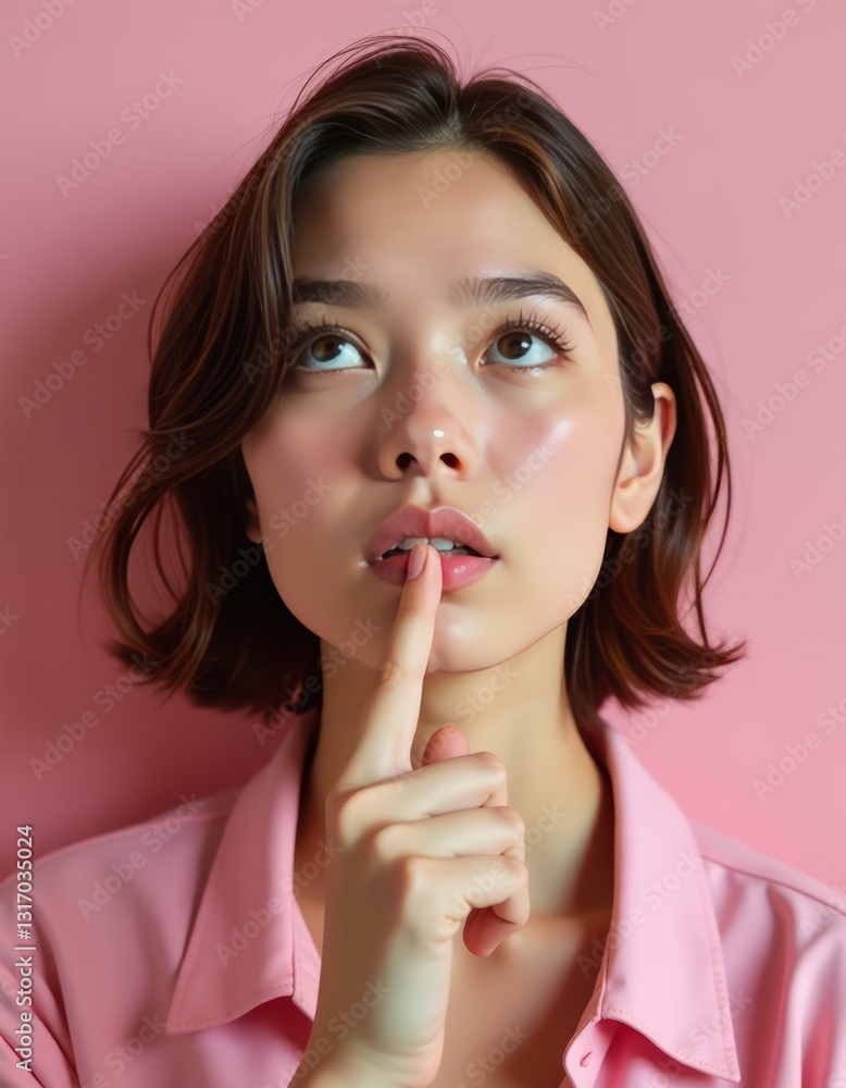 Portrait of a young woman in pink shirt with finger on mouth looking up thinking isolated on pink studio background Faces face smile happy expression woman isolated happiness vector female cheerful se Portrait of a young woman in pink shirt with finger on mouth looking up thinking isolated on pink studio background Faces face smile happy expression woman isolated happiness vector female cheerful se