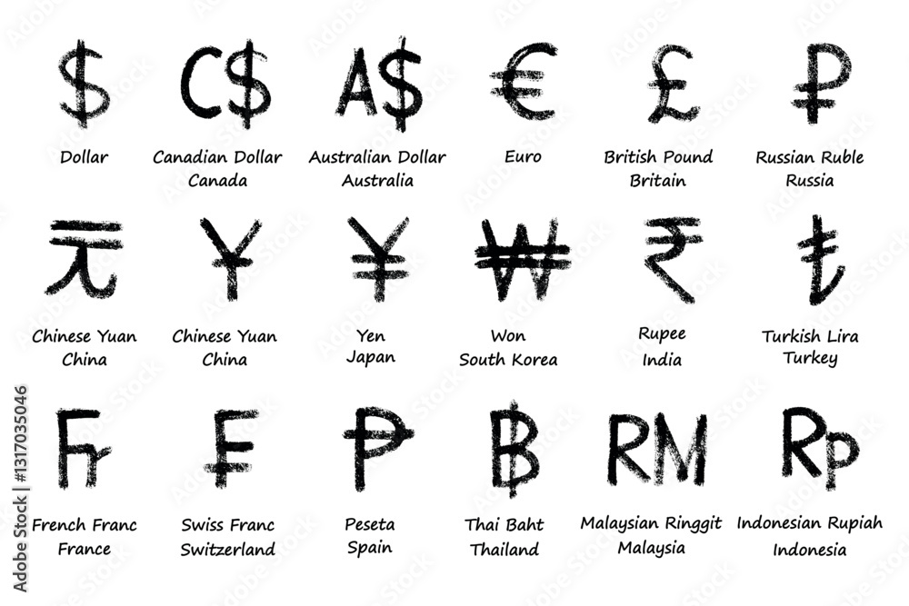 Hand drawn currency symbol set Dollar euro pound ruble yuan yen won rupee lira franc peseta baht ringgit rupiah Hand drawn currency symbol set Dollar euro pound ruble yuan yen won rupee lira franc peseta baht ringgit rupiah