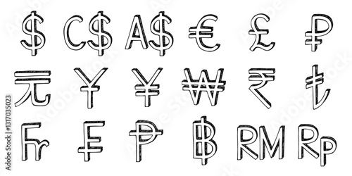 Hand drawn currency symbol set Dollar euro pound ruble yuan yen won rupee lira franc peseta baht ringgit rupiah