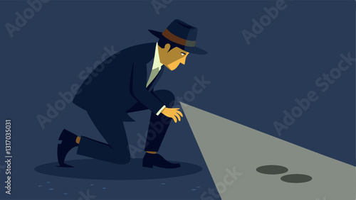 Shadow Play The detective leans down closely to examine a footprint on the ground illuminated by the narrow beam of their flashlight creating dramatic shadows.