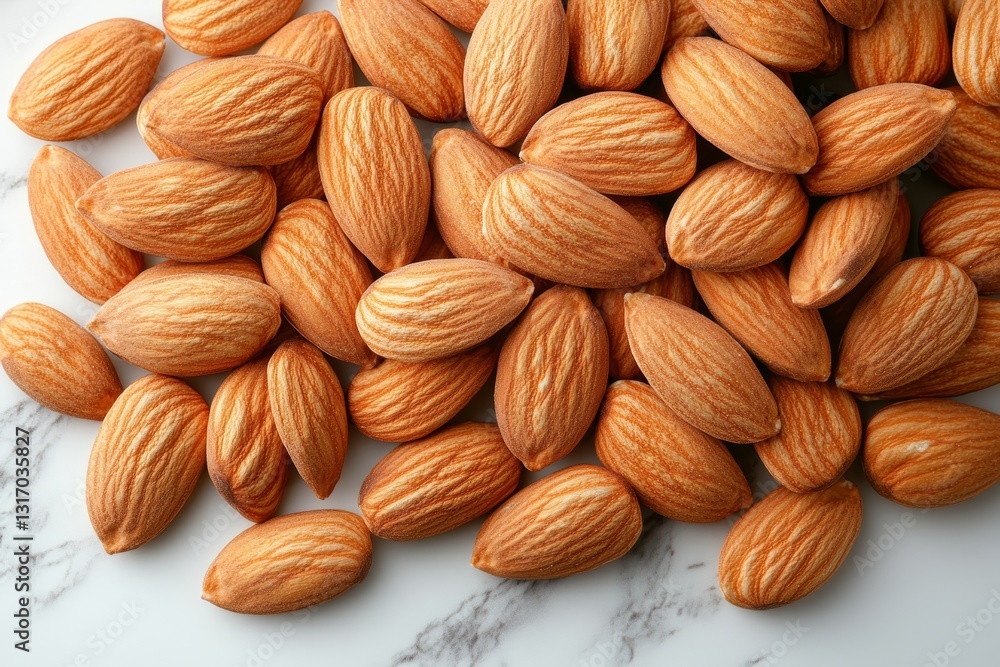 Almonds arranged in a pile on a white background from top view
