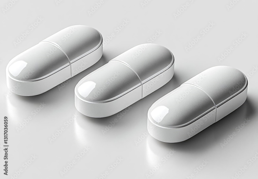 Three sleek white capsules arranged in a line on a reflective surface, suggesting health and wellness Three sleek white capsules arranged in a line on a reflective surface, suggesting health and wellness