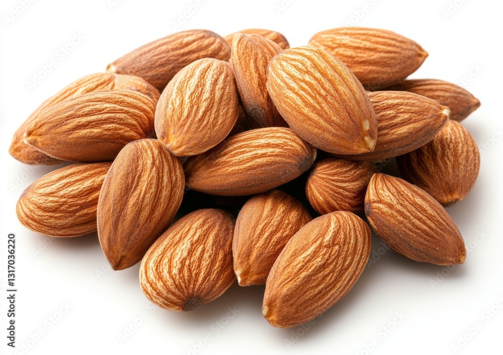 Almonds arranged in a pile on a white background from top view Almonds arranged in a pile on a white background from top view