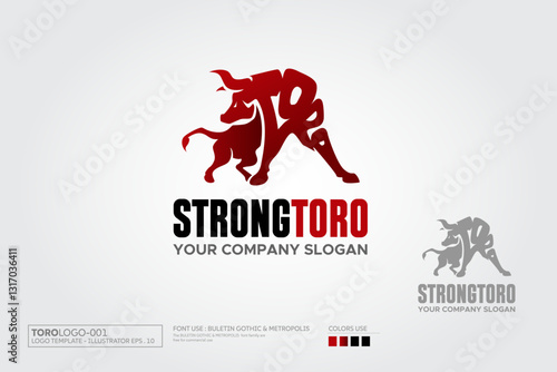 Strong Torro Lettering Vector Logo Template. Wild buffalo bull in cartoon style for mascot.