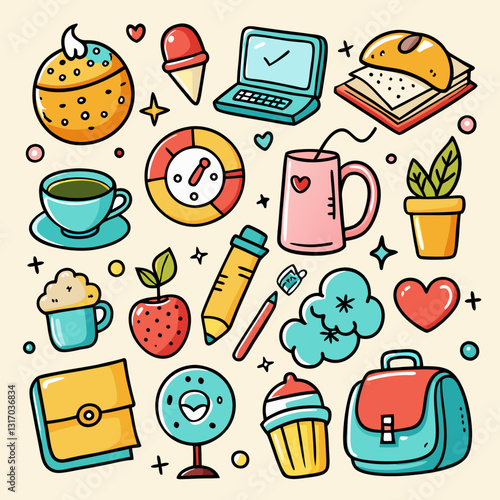 A set of cute hand-drawn doodle icons in a playful and sketchy style, perfect for stickers, digital designs, and branding. Created with generative AI