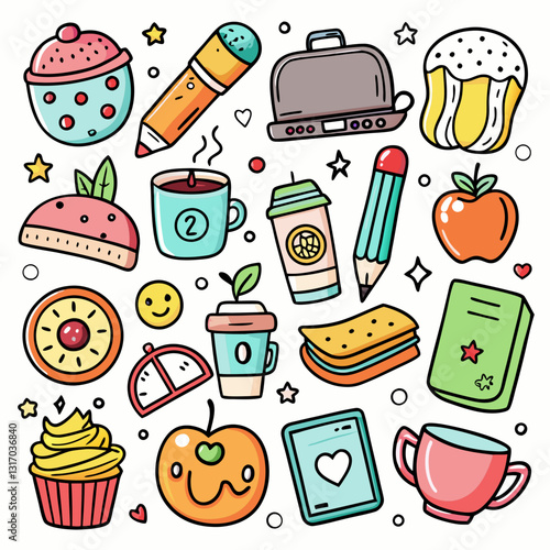 A set of cute hand-drawn doodle icons in a playful and sketchy style, perfect for stickers, digital designs, and branding. Created with generative AI