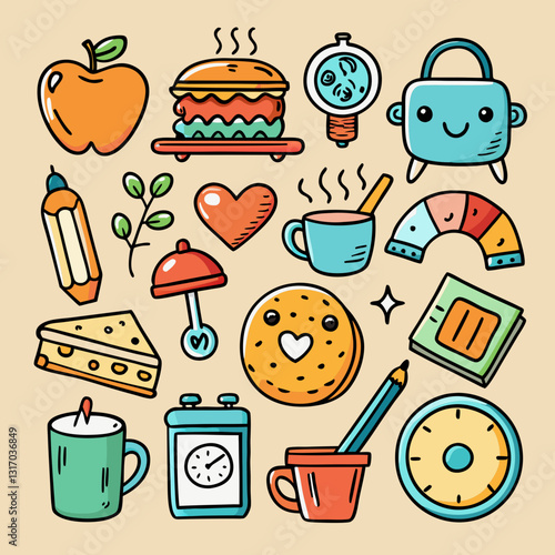 A set of cute hand-drawn doodle icons in a playful and sketchy style, perfect for stickers, digital designs, and branding. Created with generative AI