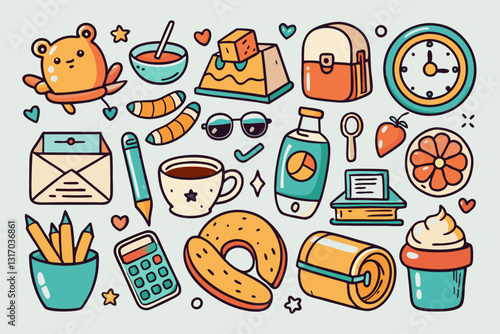 A set of cute hand-drawn doodle icons in a playful and sketchy style, perfect for stickers, digital designs, and branding. Created with generative AI