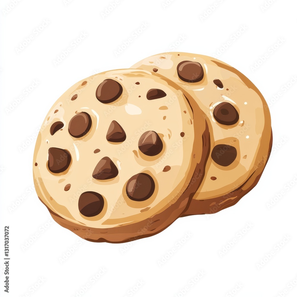 Fototapeta premium Two Delicious Chocolate Chip Cookies Stacked Together on a White Background, Ready to be Enjoyed.