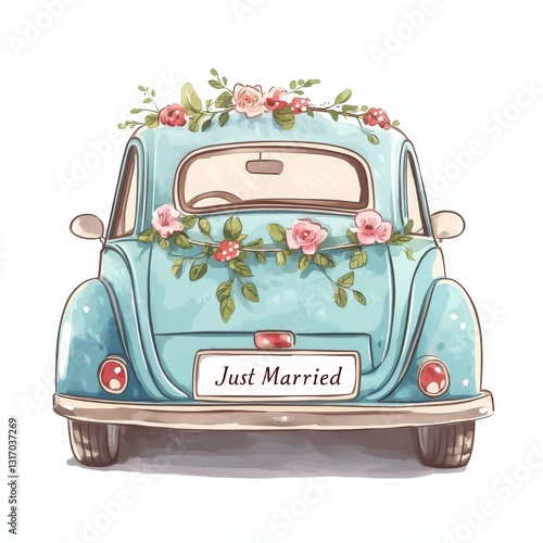 Vintage Charm: Watercolor Just Married Car with Floral Adornments, Perfect for Wedding Celebrations 