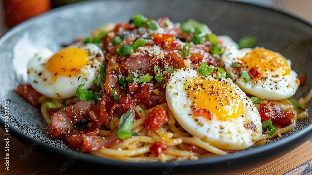 Spaghetti stir-fried with salted eggs and chili paste Spaghetti stir-fried with salted eggs and chili paste