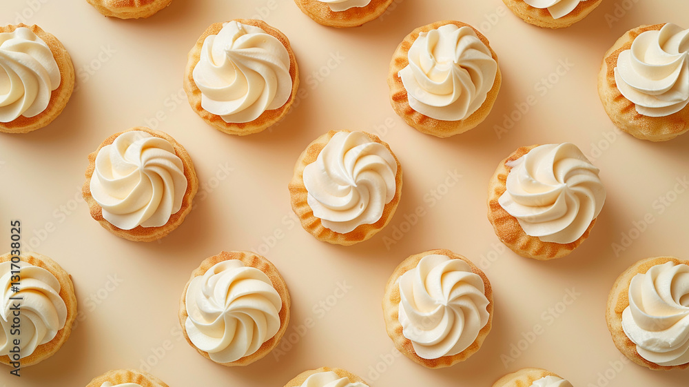 Top View of Mini Cupcakes with Swirled Vanilla Frosting on a Beige Background