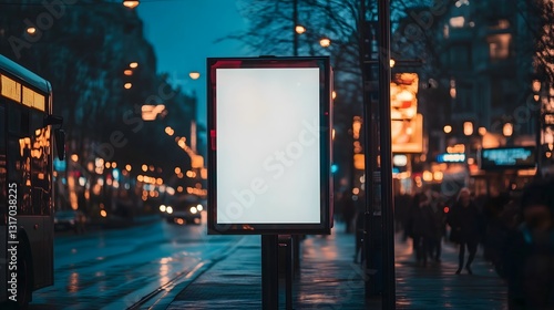 Blank advertising poster stands on a city street near a bus stop during a rainy evening
