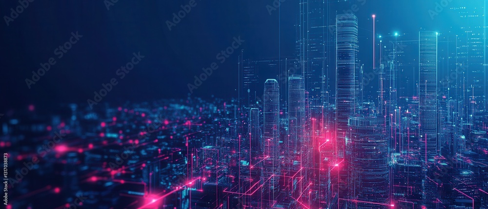 Fototapeta premium Futuristic Cityscape with Neon Lights and Data Connections