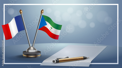 France and Equatorial Guinea National flags on small table with bokeh background, cooperative relationship. Template vector Illustration