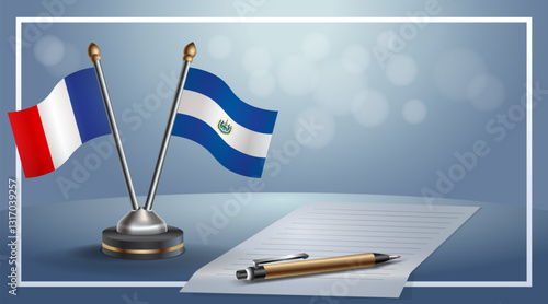 France and El Salvador National flags on small table with bokeh background, cooperative relationship. Template vector Illustration