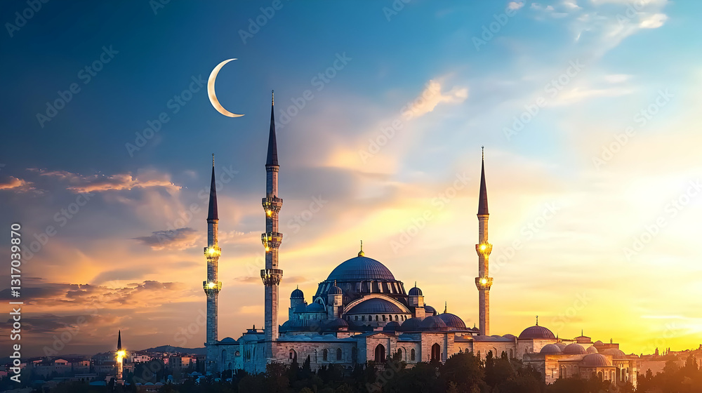 Fototapeta premium Majestic Mosque At Sunset With Crescent Moon In The Sky Showing Islamic Architecture And Culture