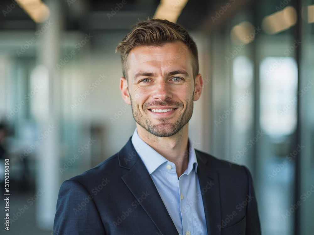 Fototapeta premium A portrait headshot photo of a professional CEO executive business worker: A man in a suit smiling with a serious expression.