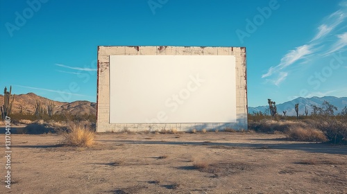 Blank outdoor movie screen stands desolate against desert landscape in the early morning