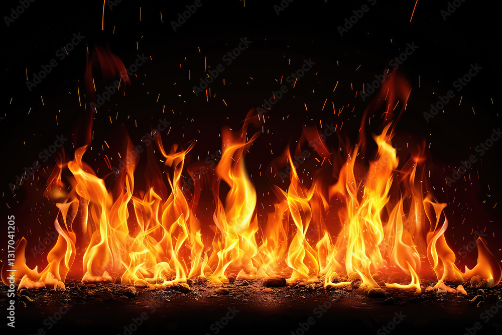 Fire flames with glowing flames isolated on black background Fire flames with glowing flames isolated on black background