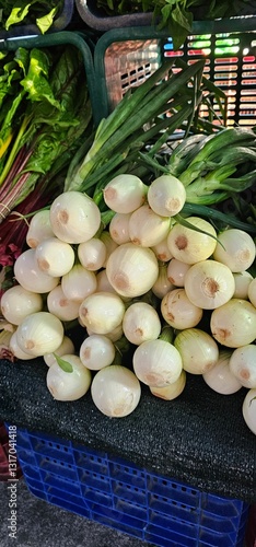 Obraz na płótnie Organic white onions and greens at market. w salonie