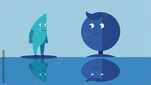 Reflection in Water A character looking at their reflection in water with one reflection appearing triumphant and the other showing a worried expression. This captures the duality