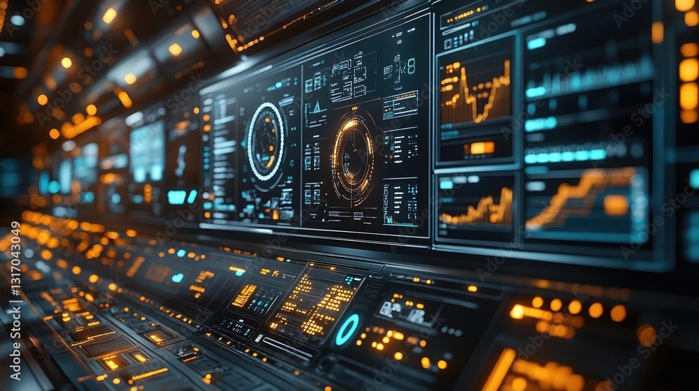 Obraz premium Futuristic control panel displaying data analytics and graphs in a high-tech environment