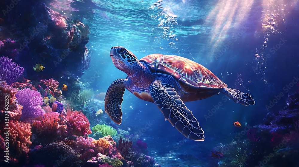 Fototapeta premium A diver swimming alongside a majestic sea turtle in an underwater paradise filled with coral and sunlight