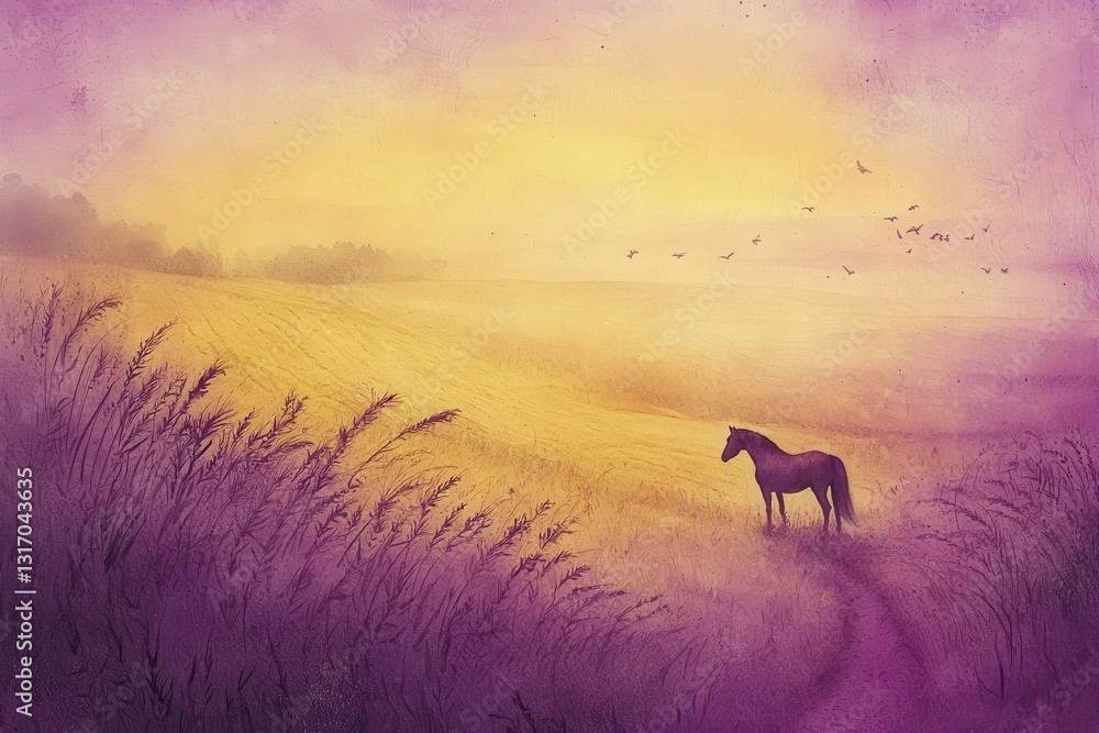 Serene Horse in Vibrant Purple Sunrise Over Golden Field Landscape Serene Horse in Vibrant Purple Sunrise Over Golden Field Landscape