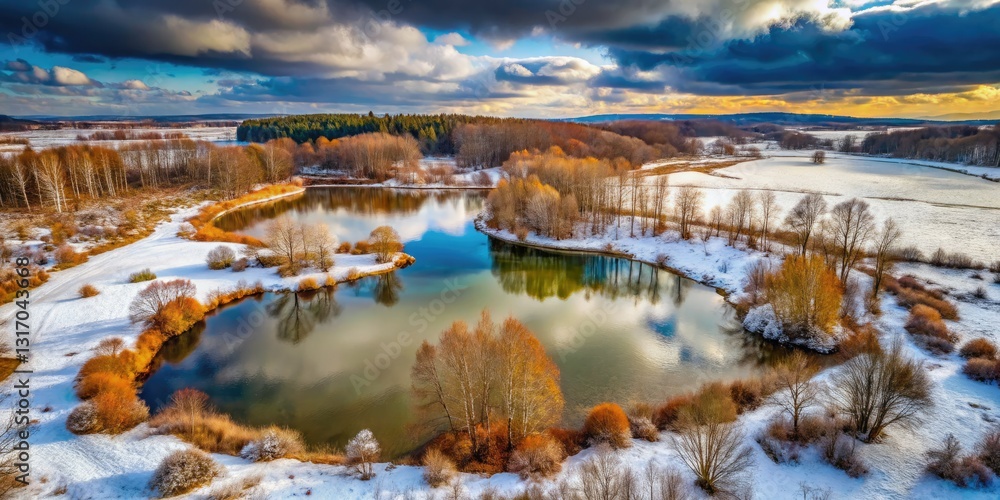 Fototapeta premium Frozen pond's brown water, a snowy, icy embrace viewed from above.