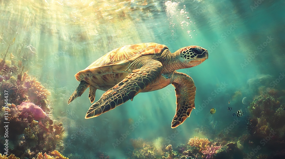 Obraz premium A diver swimming alongside a majestic sea turtle in an underwater paradise filled with coral and sunlight