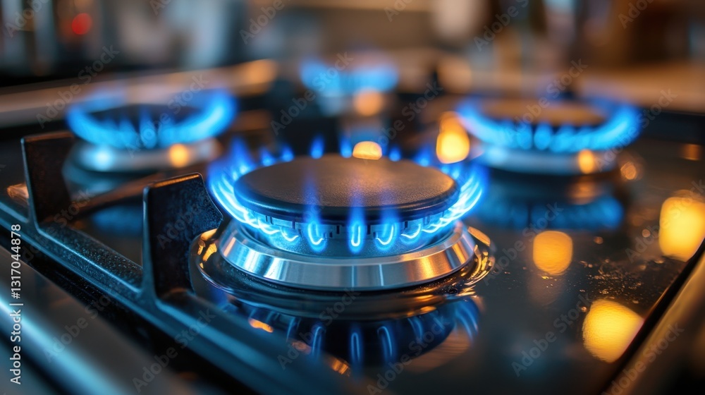 Close up of a Modern Gas Stove with Blue Flames Ignited for Cooking in a Kitchen Environment Close up of a Modern Gas Stove with Blue Flames Ignited for Cooking in a Kitchen Environment