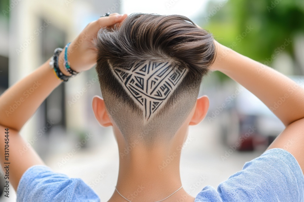 Naklejka premium Barber creates a stylish pattern on the client's short hair . 