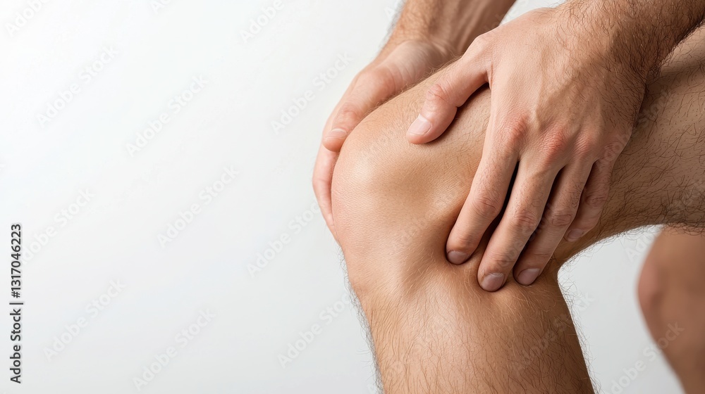 A person is holding their knee, indicating possible discomfort or pain in the joint area. A person is holding their knee, indicating possible discomfort or pain in the joint area.